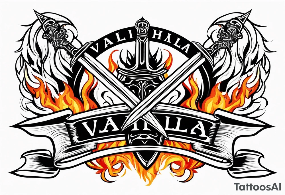 Valhalla on  fire shield sword tattoo idea
