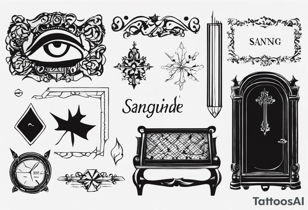 i want a tattoo that has the text 'sang-froid' and 'sanguine'
, with only one sang with minimal visual effects that are gothic, nihilistic and stoic. tattoo idea