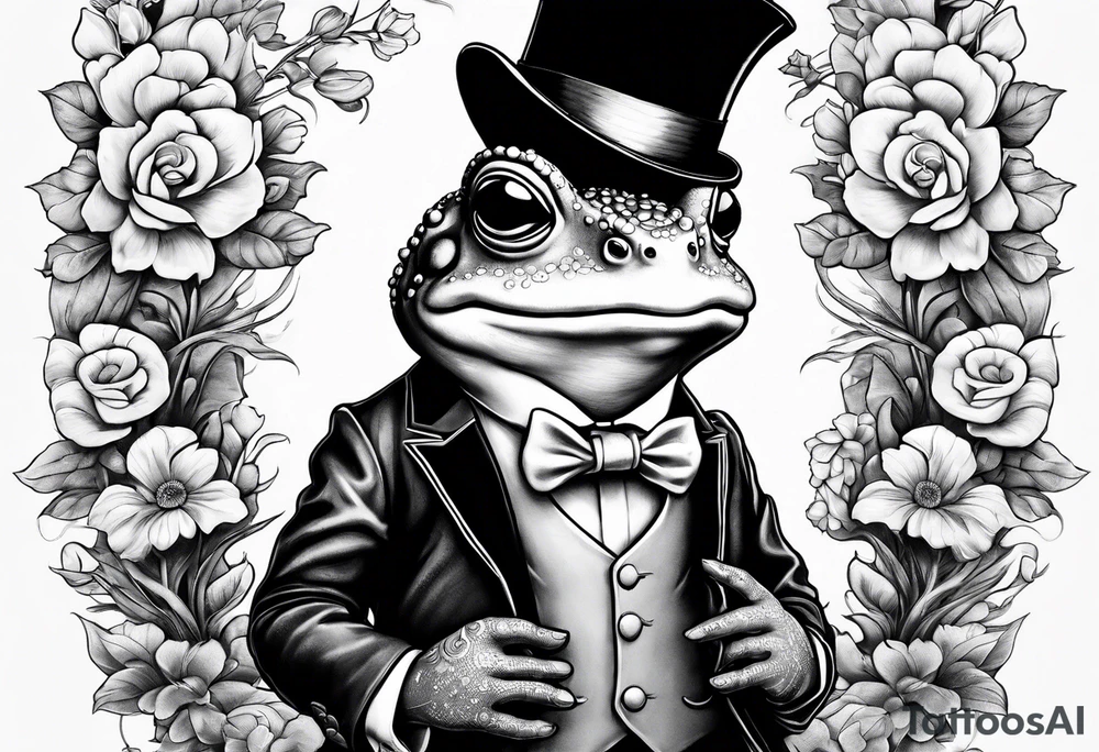 Cute toad wearing top hat and a suit standing on its Back legs while holding flowers tattoo idea