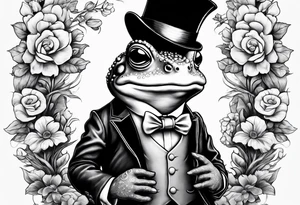 Cute toad wearing top hat and a suit standing on its Back legs while holding flowers tattoo idea