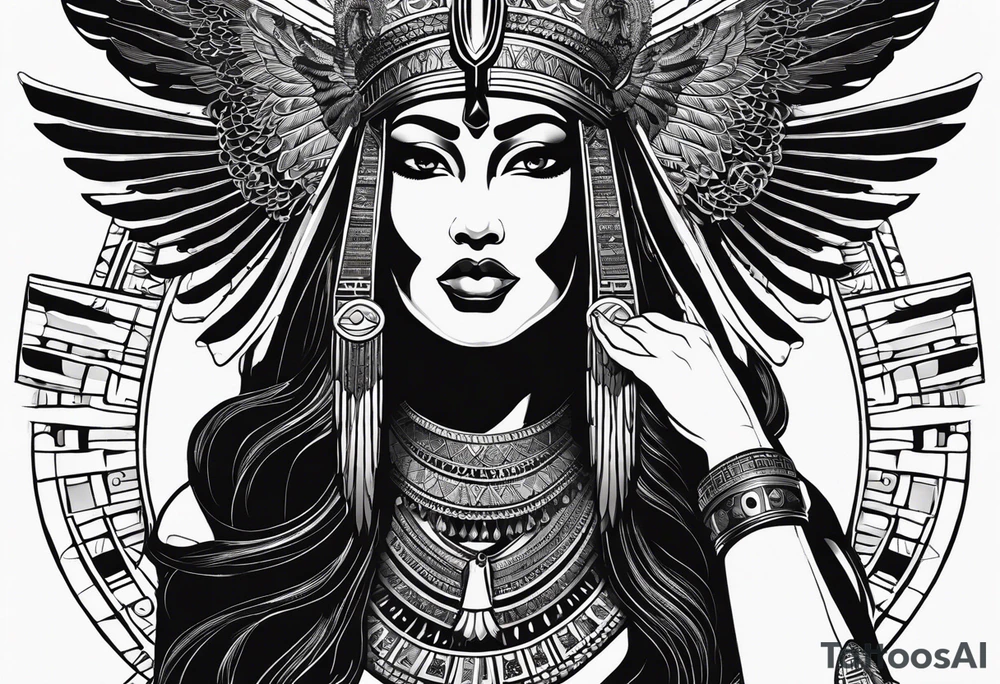 black and white Egyptian goddess Isis, who is often depicted as a woman with outstretched wings, holding an ankh (a symbol of life) in one hand and a lotus flower in the other. Her headdress often includes a throne or a solar disk. The tattoo design can vary in style and size, but it typically aims to capture the essence of this revered Egyptian deity, emphasizing her beauty, power, and maternal qualities. The choice of colors and additional elements can also be customized to create a unique and visually striking representation of the goddess Isis tattoo idea