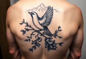 bird on persimmon tree with lots of branches and fruits with mountains in background tattoo idea