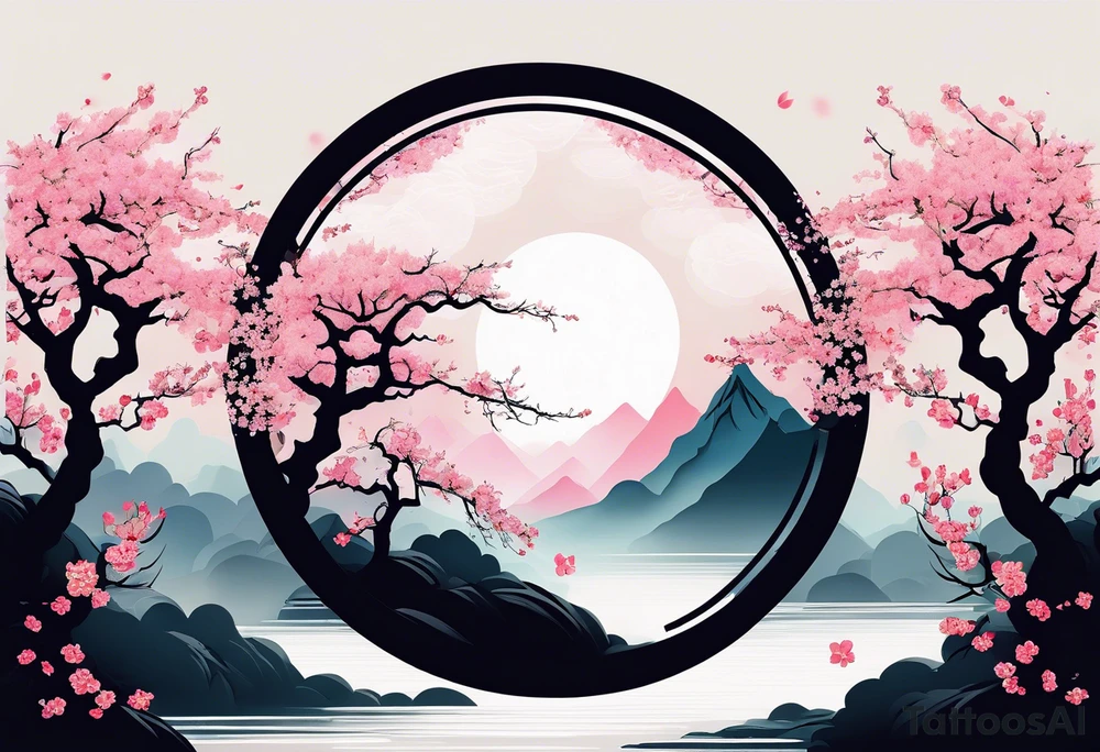 A circle of mist with cherry blossom trees on the left side growing upwards and downwards with the shadow kanji letter in the middle of the circle tattoo idea