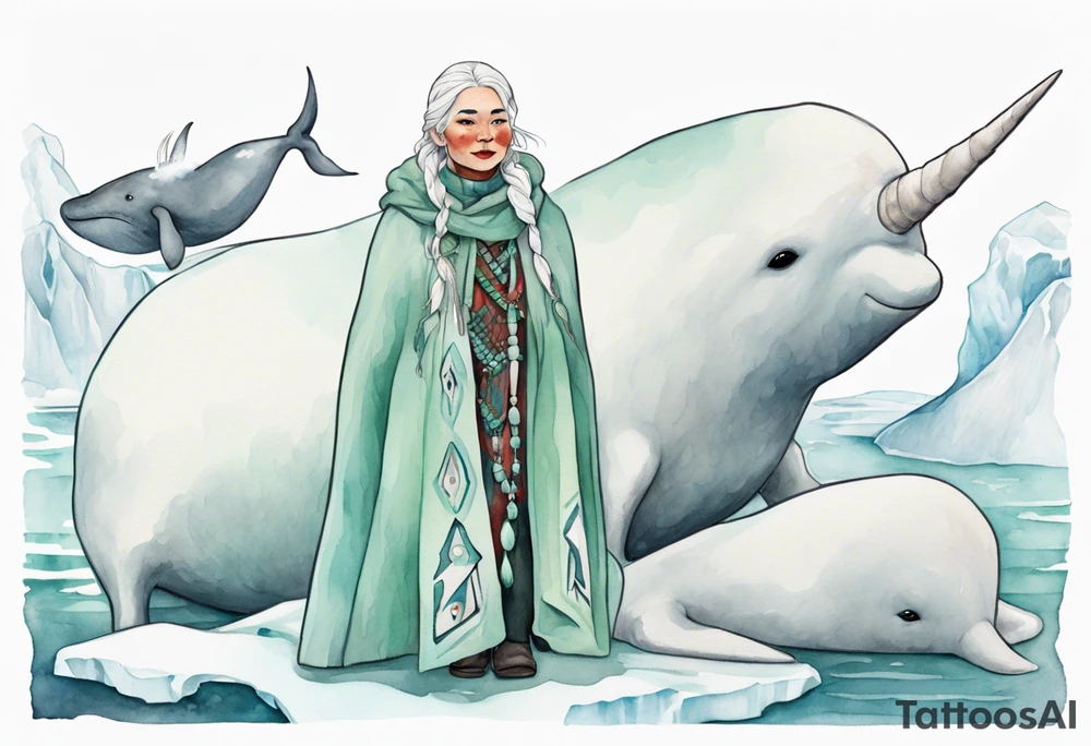 a 45-year-old Sami woman with white  hair wearing a white and mint cloak standing on an iceberg with one narwhal in the background tattoo idea