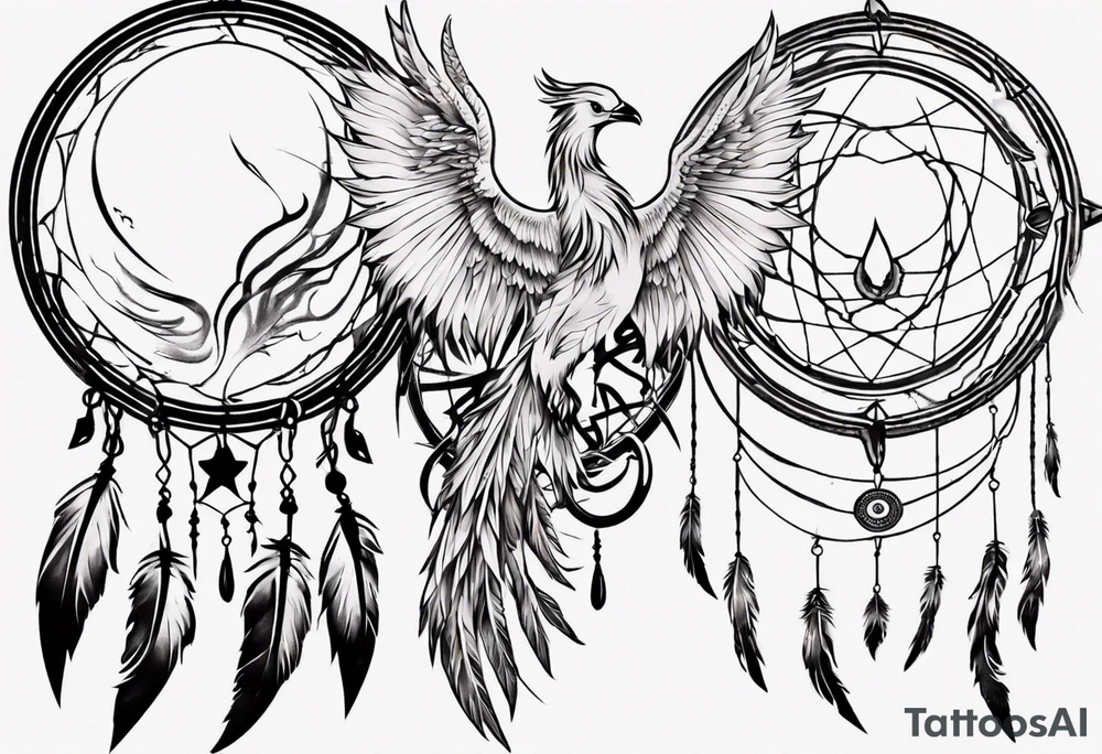 Fire Phoenix flying blending into dream catcher tattoo idea Fire Phoenix flying blending into dream catcher tattoo idea