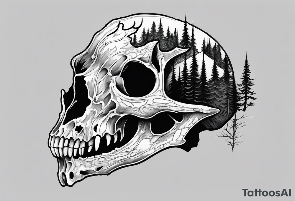 scary side view of a DECAYING deer skull JUST BONE surrounded by a forest fire in background tattoo idea