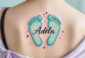 Mint green and pale lavender footprints with name Adéla, surrounded by small stars that reflect her shining future. tattoo idea