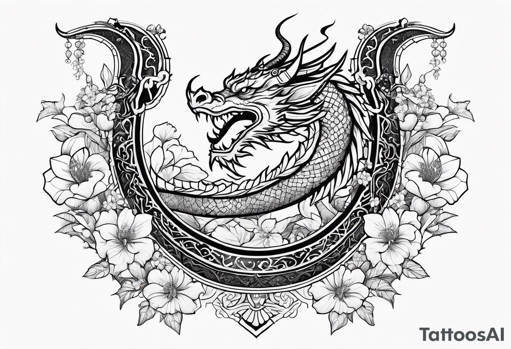 Dragon en Arabic avec un cerisier en fleur tattoo idea