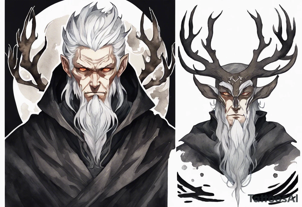 a gaunt man with white hair, grey eyes, antlers and a black cloak standing in the dark tattoo idea