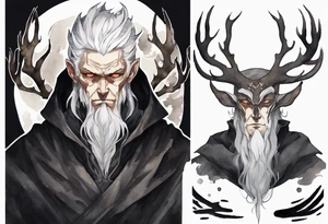 a gaunt man with white hair, grey eyes, antlers and a black cloak standing in the dark tattoo idea