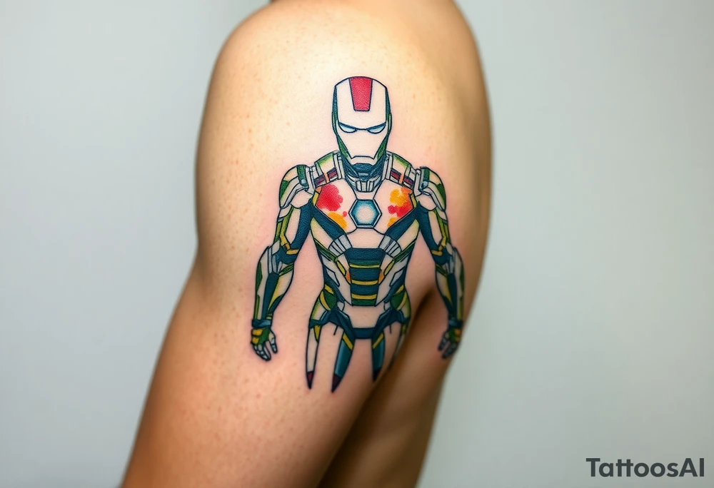 Ironman suit blueprint for separated suit parts with watercolor and geometric technique tattoo idea