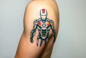 Ironman suit blueprint for separated suit parts with watercolor and geometric technique tattoo idea