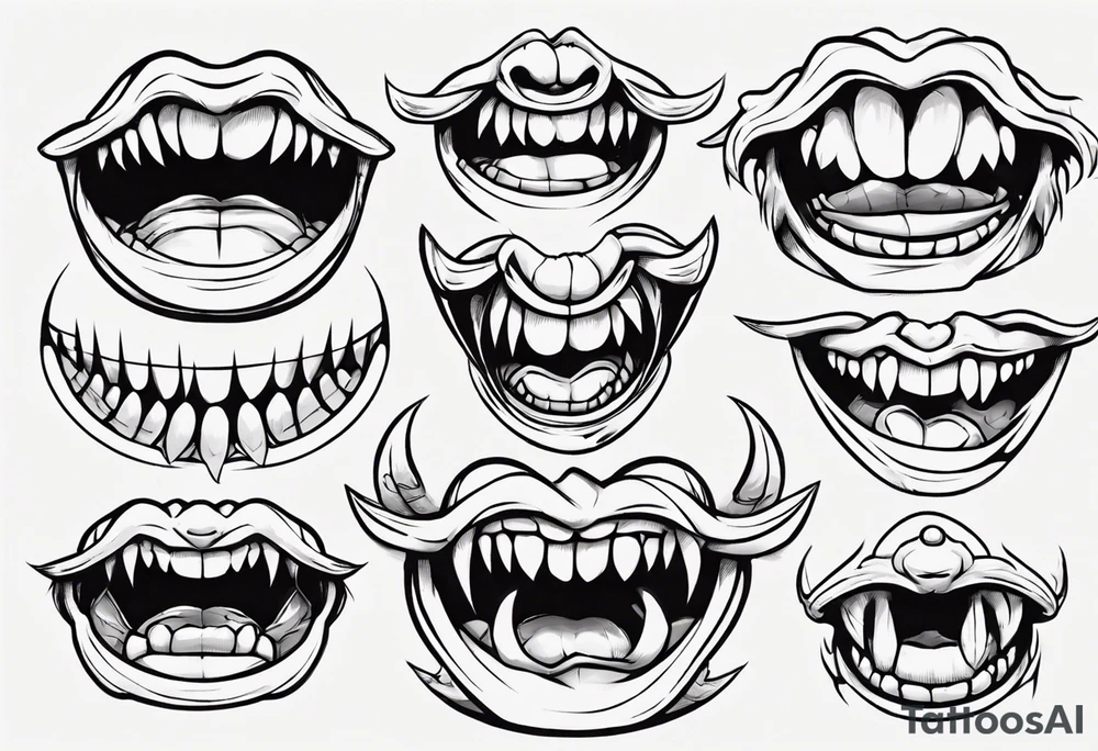 japanese monster mouth smiling widely (teeth and lips only, closed mouth) tattoo idea