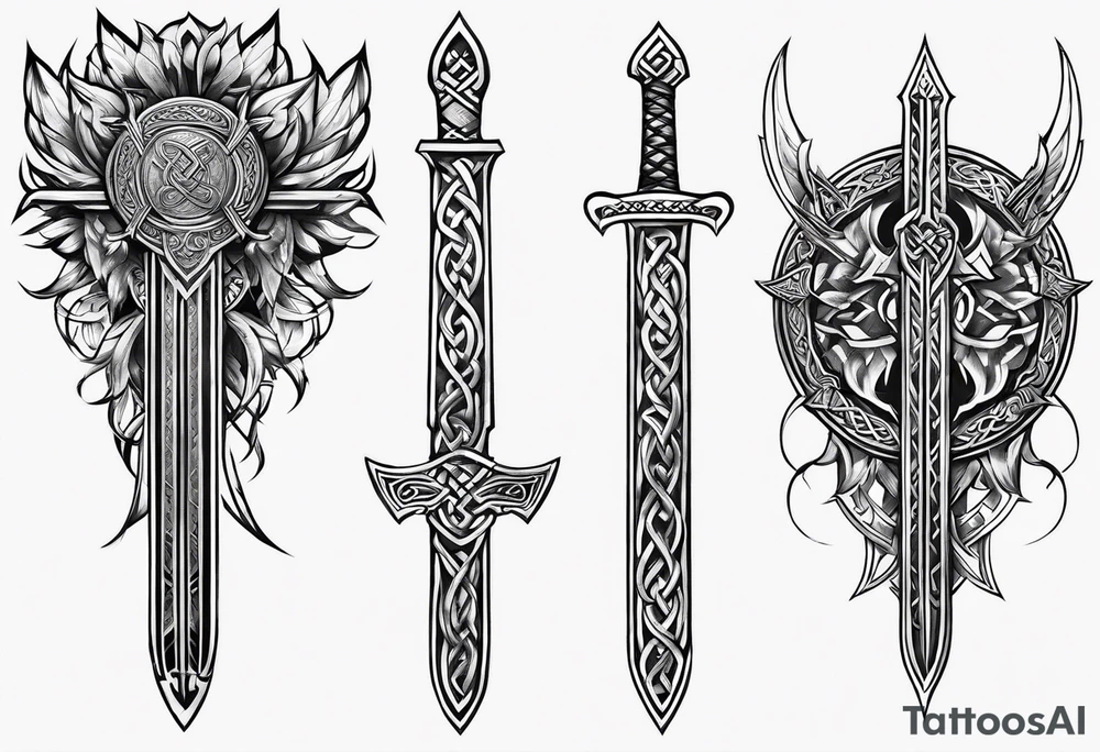 Side profile wide shot of Celtic warrior weapons unsheathed tattoo idea