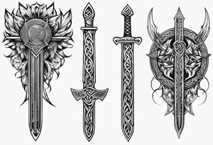 Side profile wide shot of Celtic warrior weapons unsheathed tattoo idea