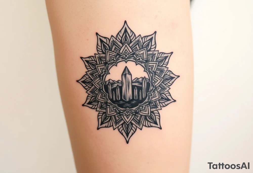 psychedelic mandala tattoo with crystals and nature scene tattoo idea