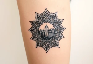 psychedelic mandala tattoo with crystals and nature scene tattoo idea
