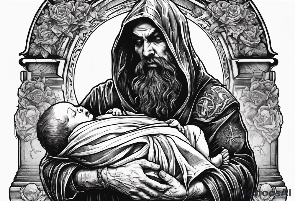 Satan holds a dead mummified baby in his arms, against the background of a grave with a pentagram tattoo idea