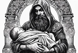 Satan holds a dead mummified baby in his arms, against the background of a grave with a pentagram tattoo idea