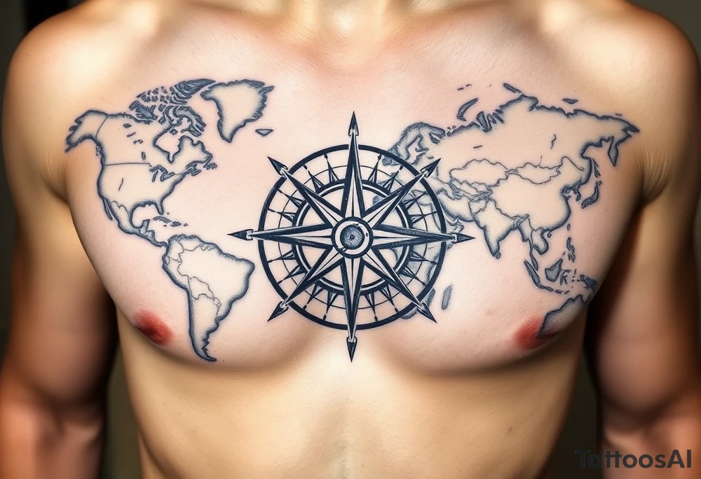 antique compass rose overlaid on weathered world map with sailing ships tattoo idea