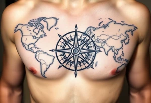 antique compass rose overlaid on weathered world map with sailing ships tattoo idea