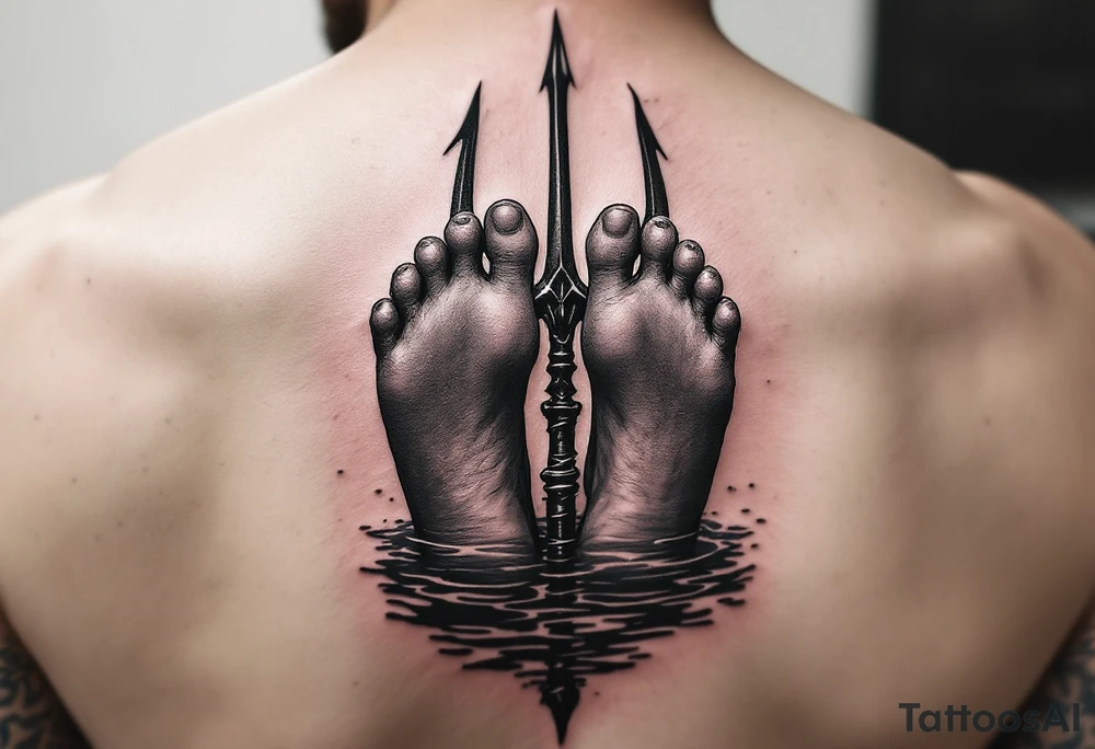 barefeet behind trident with water tattoo idea