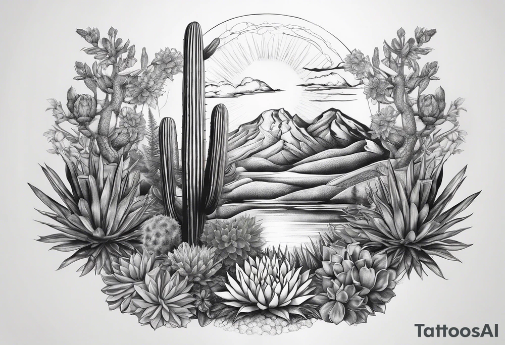 Fenix , cactos e árvore da vida por do sol braço parte de cima tattoo idea