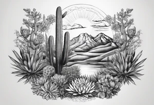 Fenix ,  cactos e árvore da vida por do sol braço parte de cima tattoo idea