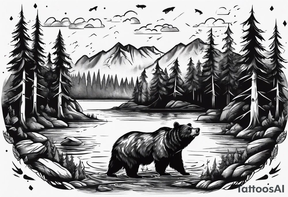 bear, forest, lake, small man on a fishing boat, appalachia, arm sleeve tattoo tattoo idea
