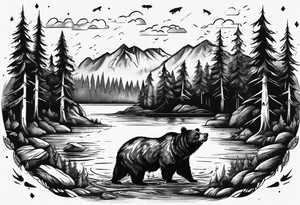 bear, forest, lake, small man on a fishing boat, appalachia, arm sleeve tattoo tattoo idea