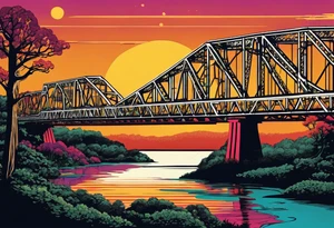 70's poster art, pop art, simple, view from under steel truss cantilever bridge tattoo idea