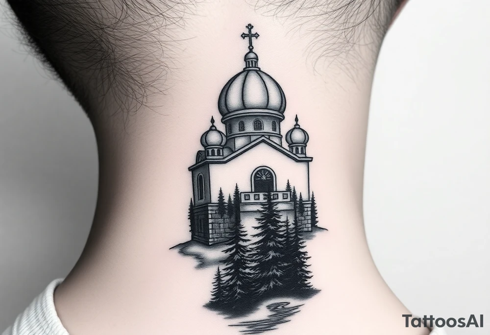 medium sized russian orthodox dome church with a separated virgin mary with a lake and pine trees on the sized of my neck tattoo idea