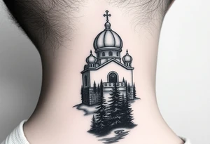medium sized russian orthodox dome church with a separated virgin mary with a lake and pine trees on the sized of my neck tattoo idea