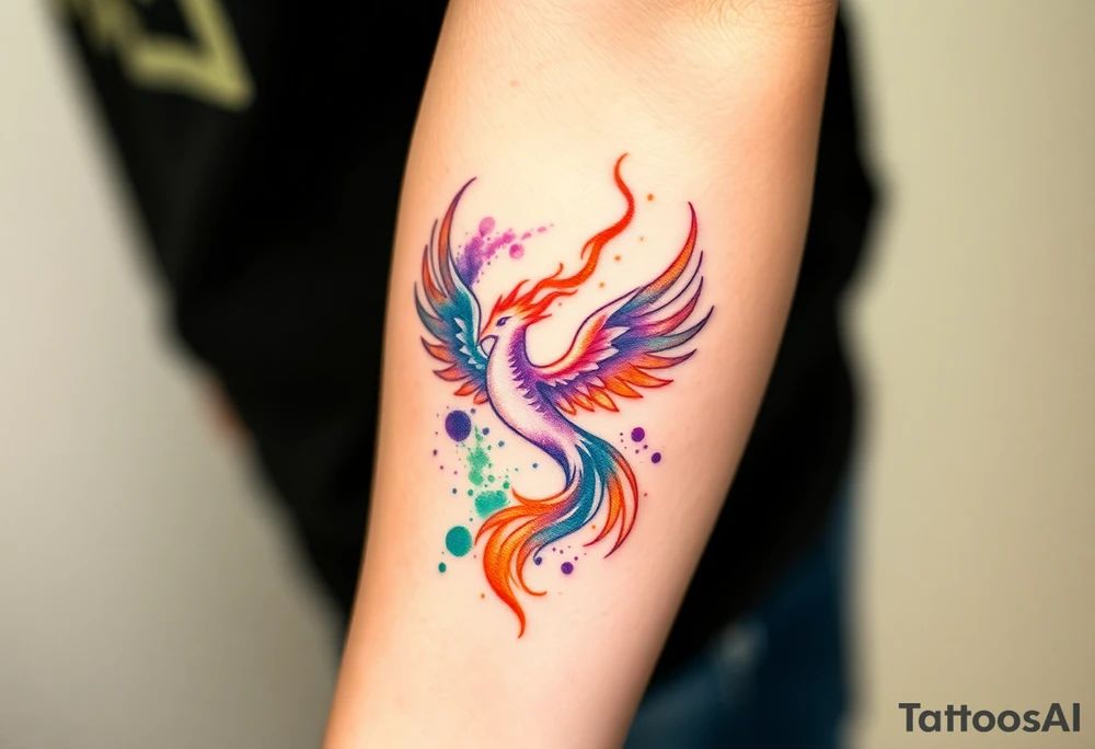 Phoenix being born with blazing flames with purple and green splashes tattoo idea