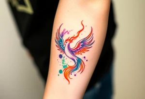 Phoenix being born with blazing flames with purple and green splashes tattoo idea