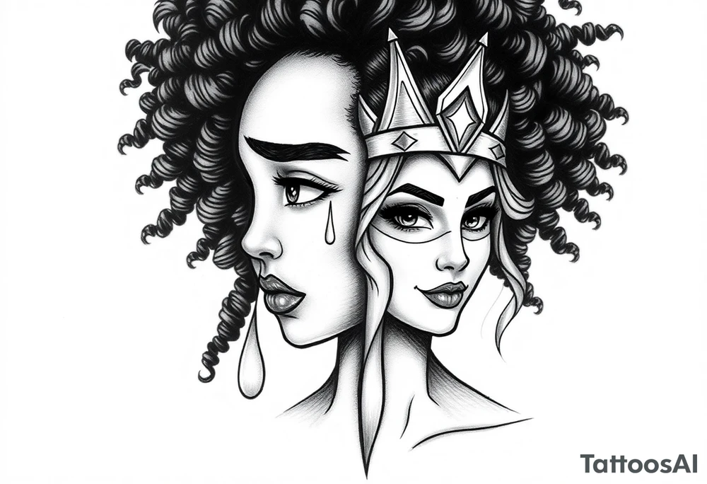 A beautiful woman with beautiful curly hair, and a teardrop falling from her eyes, African American blend into one face with the othe 1/2 a beautiful super hero women with a crown and a smirk on her face. Embodying 1/2 faced one soft and gentle-one strong and mighty. Blend together onto 1 face tattoo idea