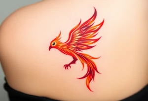 A phoenix reborn from swirling crimson and orange flames, its feathers tipped in glowing white embers, symbolizing resilience and rebirth tattoo idea