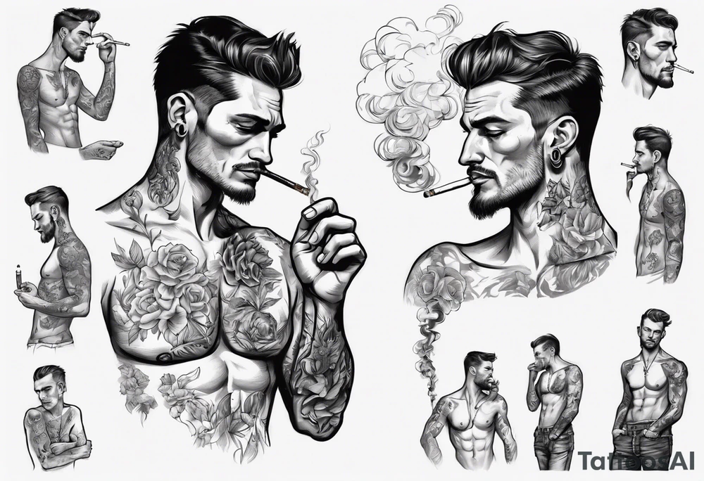 One handsome man with bare torso, full-length, no hat, earrings in his ears stands smoking a cigarette tattoo idea