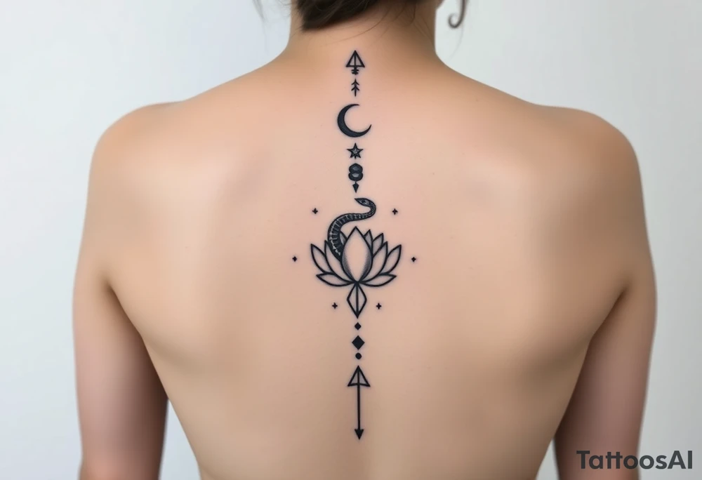 Ultra-high-definition, 
 
Tattoo Description (Very Important)

A fine-line black ink vertical spine tattoo, perfectly centered and symmetrical, running from upper back to lower back:

At the top (just below the neck):
A small upward-pointing arrowhead, minimal and sharp.

Below it:
A crescent moon, thin and elegant, facing upward.

Beneath the moon:
A small star / celestial cross with delicate points.

Below that:
A coiled viper, minimalistic and clean, facing upward, compact coils (tattoo-friendly, not aggressive).

Below the snake:
Another small celestial star marker, aligned vertically.

Center of the back:
A detailed lotus flower, symmetrical petals, fine-line botanical style, calm and balanced.

Below the lotus:
Small ornamental dots and geometric accents, maintaining vertical flow.

At the bottom (lower back):
A final upward-pointing arrow, thin, precise, completing the vertical line.


Tattoo style: fine-line, minimalist, sacred geometry / celestial, crisp edges, high clarity, no blur.


---

Quality & Output Settings

Resolution: Ultra HD / poster-print quality

Sharp focus across entire back and tattoo

Natural skin texture preserved

No distortion, no fantasy elements

Clean, elegant, gallery-ready realism tattoo idea