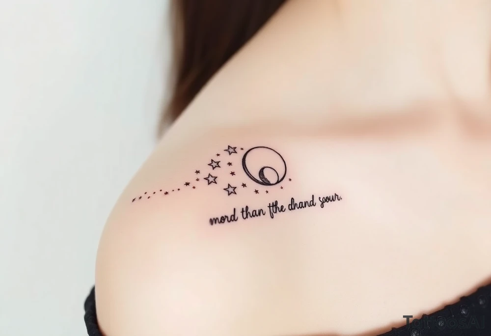 Cascade of stars with moon and sun
Handwritten “more than the sun, and the moon, and the stars”
On collarbone tattoo idea