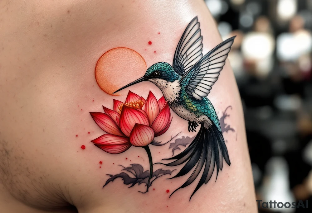 A hummingbird drinking from a lotus flower with one wing made of light (sun disc) and the other made of shadow (crescent moon) (red and black only) tattoo idea