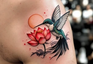 A hummingbird drinking from a lotus flower with one wing made of light (sun disc) and the other made of shadow (crescent moon) (red and black only) tattoo idea