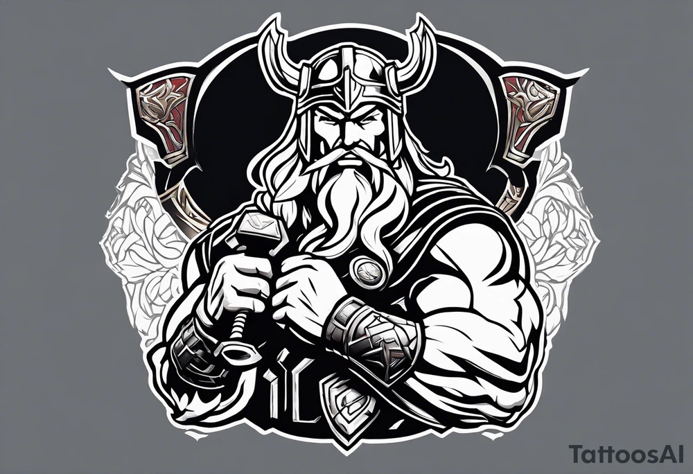 The Mighty Thor not so muscular profile with mjolnir with the entire design shown tattoo idea