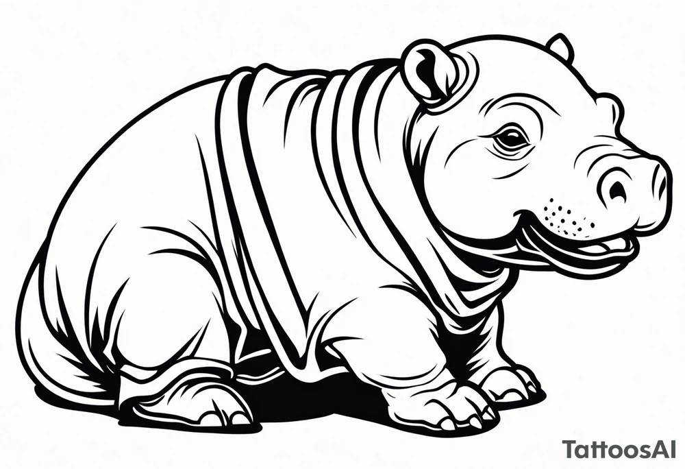 Baby hippopotamus wrapped in a swaddle and holding a knife in its mouth tattoo idea