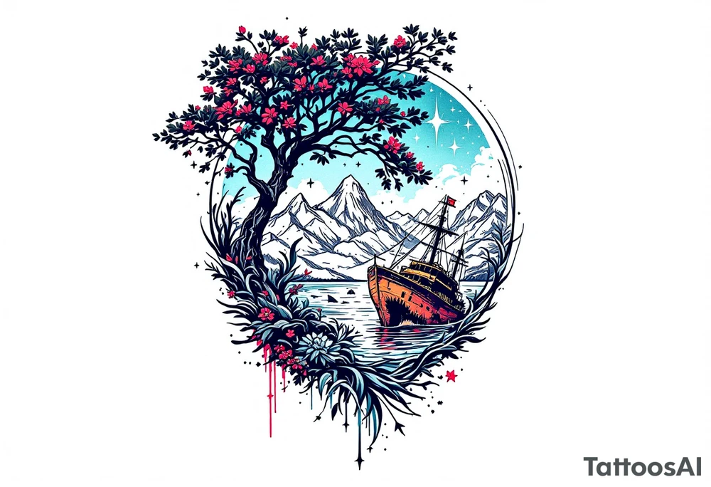 tattoo that has an acacia tree with mountains, ocean with a ship wreck with sharks and the bright northern star tattoo idea