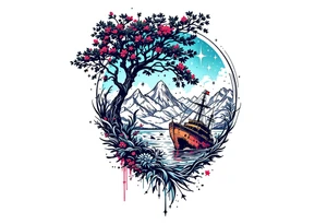 tattoo that has an acacia tree with mountains, ocean with a ship wreck with sharks and the bright northern star tattoo idea