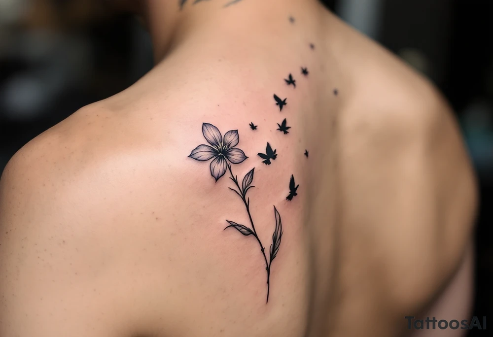A wood violet blowing in the wind with pedals floating away turning into birds tattoo idea