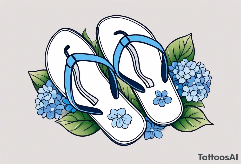 small tattoo of a single pastel blue flip flop surrounded by blue and periwinkle hydrangea flowers with green leaves tattoo idea