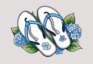 small tattoo of a single pastel blue flip flop surrounded by blue and periwinkle hydrangea flowers with green leaves tattoo idea