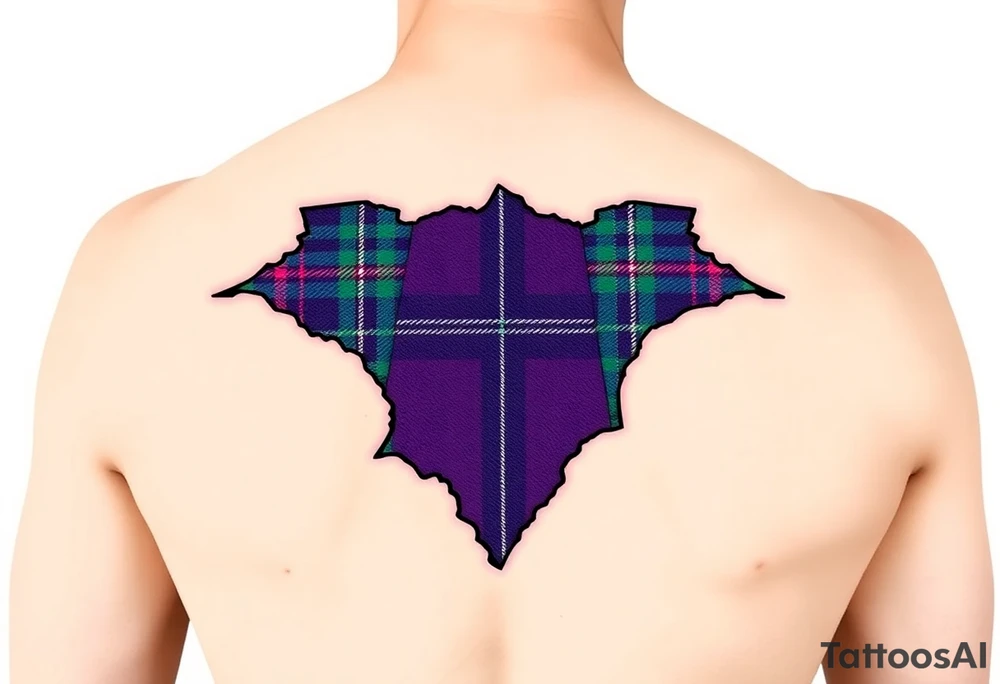 arm Dark Purple with green pink blue and white highlights tartan fabric with flesh peeling away at edges tattoo idea